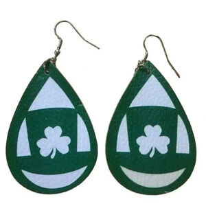 St. Patrick's Day Shamrock Earrings‎ Green Teardrop Faux Leather Dangle Earrings